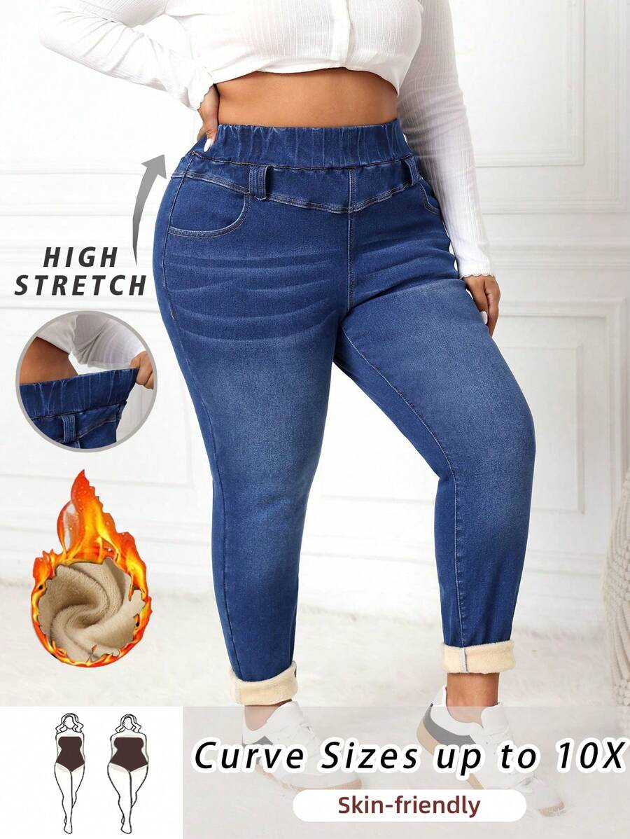 SHEIN CURVE+ Blue Plus Size Jeans Skinny Stretch Fleece Trousers Lined For Added Warmth - Dark Wash - View 1