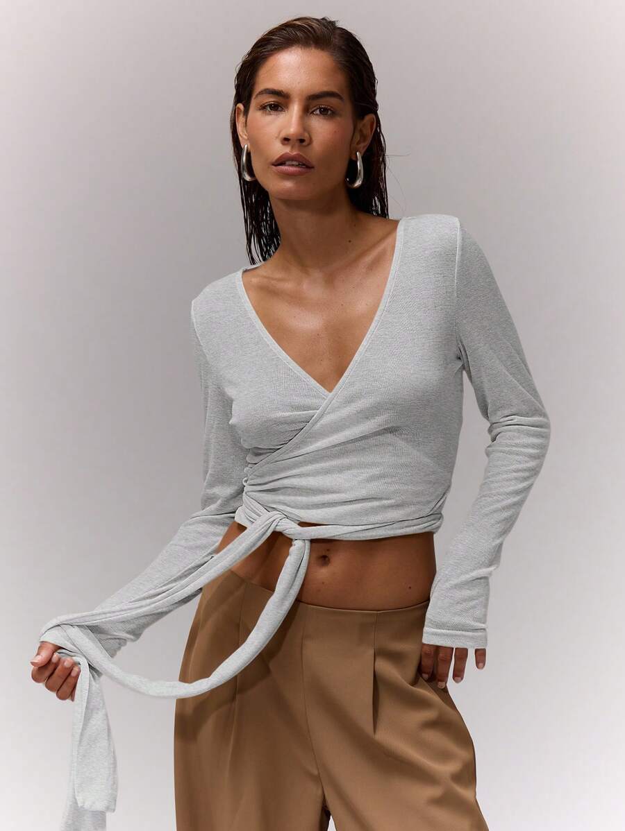 MUSERA V领裹身系带上衣 休闲基础款 夏季 春季 度假 波西米亚风 节日 可爱 夏季上衣 牛仔风 场合 优雅 机场 假日 可爱 复活节 - 灰色 - 查看 1