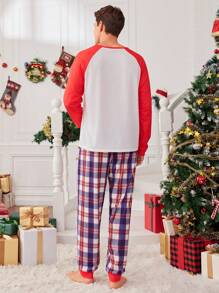 2pcs Men Casual Plaid Print Long Pants And Cute Bear Patch Raglan Sleeve Top Loungewear Set, For Christmas