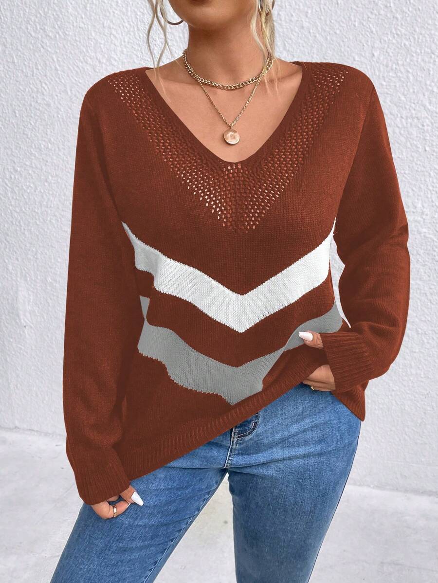 SHEIN LUNE Plus Size Autumn/Winter Casual Contrast Striped Hollow Out Sweater Knit Pullover Fall Outfit