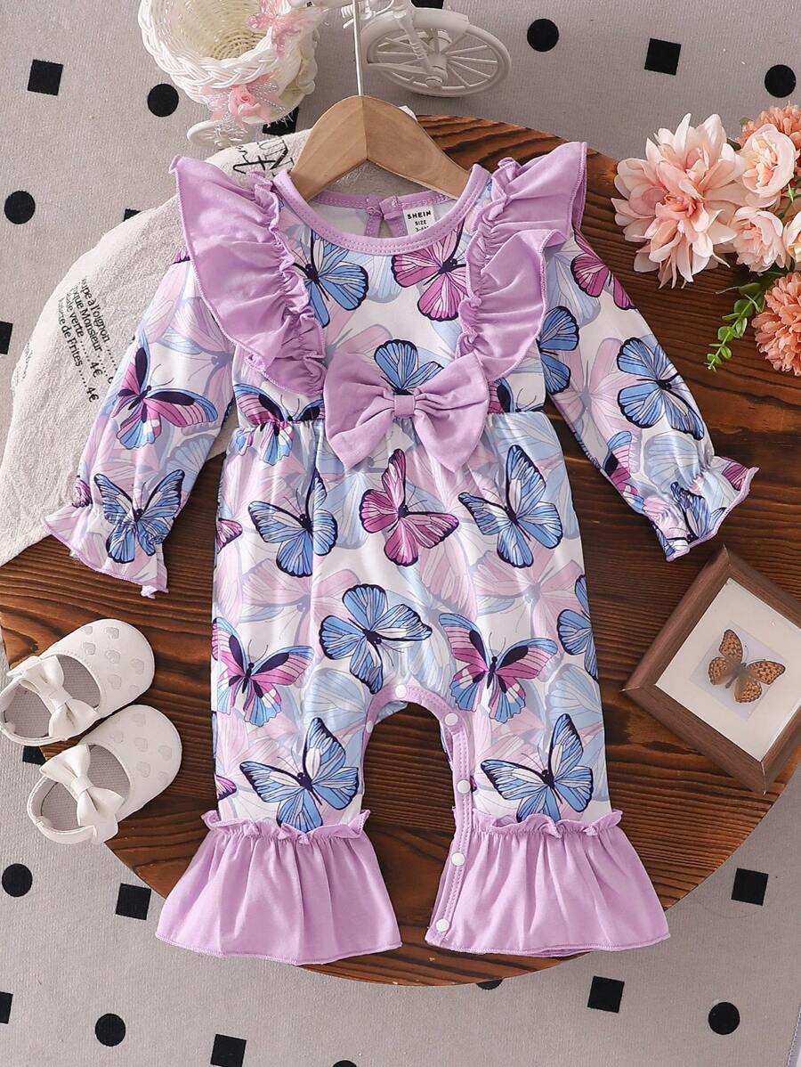 Baby Girl Cartoon Butterfly All-Over Print Jumpsuit, Princess Style Fashionable Long Sleeve Jumpsuit, Spring/Autumn Korean Design For Outdoor Wear - Purple - View 1