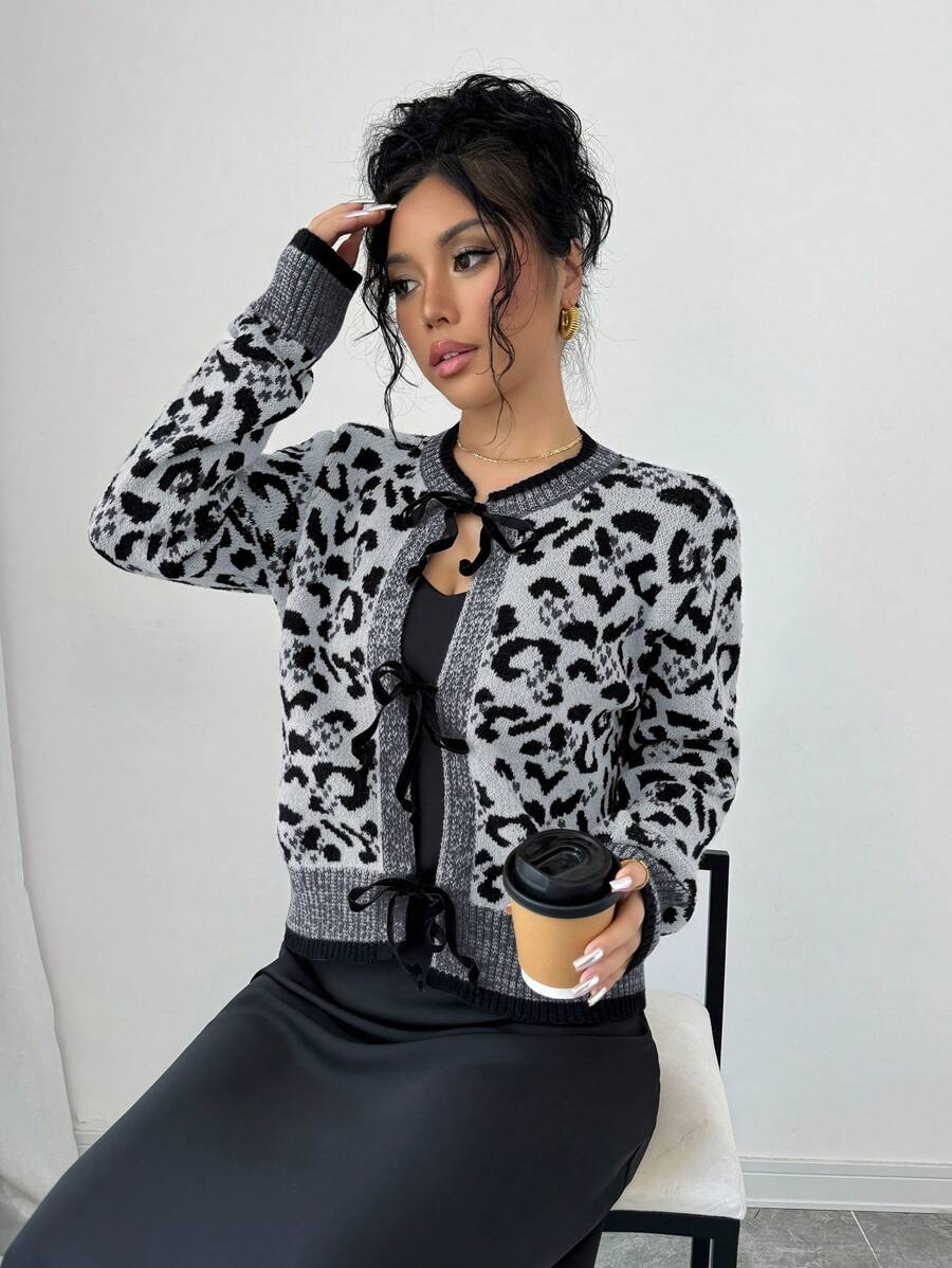 SHEIN Unity Women's Leopard Print Tie Front Cardigan Fall Cloth For Women - Grey - View 1