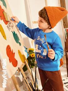 SHEIN Set de 2 piezas para niños pequeños - Suéter de cuello redondo de manga larga con estampado de dibujos animados lindo/vintage/casual/de vuelta a la escuela y pantalones, adecuado para la escuela y exteriores, primavera/otoño/invierno