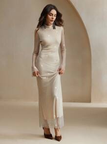 Anewsta Cream Square Rhinestone Fishnet Dress - Apricot - View 4