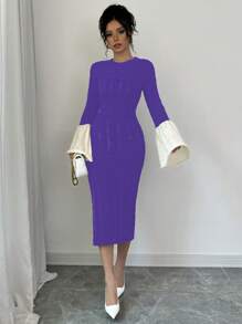 Elenzga 女士喇叭袖撞色毛衣连衣裙 - 紫色 - 查看 4