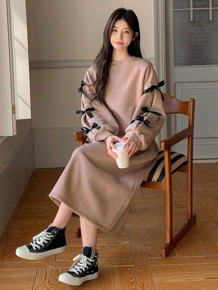 Women Bow Decorated Midi Sweatshirt Dress, Autumn/Winter