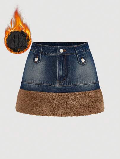 SHEIN MOD 女士拼接毛边休闲百搭牛仔 A 字裙，秋冬