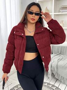 SHEIN EZwear Abrigo acolchado con botones delanteros lisos para mujer, invierno - Burdeos - Ver 6