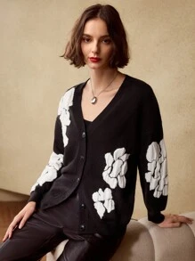 MOTF PREMIUM FLORAL PATTERN DROP SHOULDER OVERSIZE CARDIGAN - Black and White - View 2