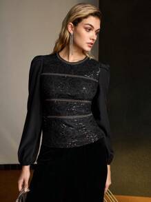 MOTF PREMIUM 亮片刺绣泡泡袖修身上衣