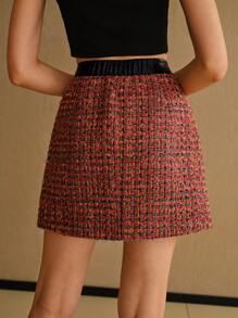 MOTF STUDIO TWEED PLAID CONTRAST TRIM BUTTON DETAIL SKIRT