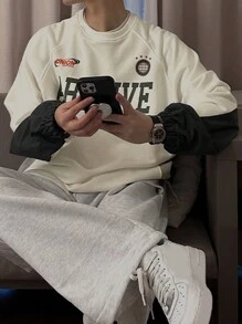 DAZY Men's Letter Print Beige Pullover Sweatshirt, Autumn - Beige - View 3