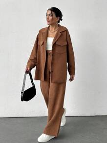 EURMUSE Corduroy Fashionable Pocket Design Shirt And Trousers Two-Piece Set - Camel - View 5
