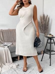 SHEIN Unity Plus Size Women Casual Stylish Slimming Round Neck Mid-Length Crossover Design Sweater Dress, Autumn/Winter - Apricot - View 5
