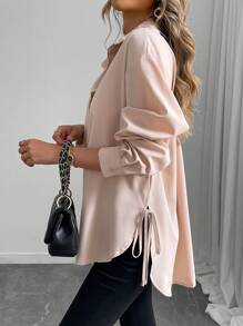 INAWLY Solid Drop Shoulder Split Hem Shirt For Spring & Summer,Long Sleeve Tops Fall Cloth For Women - Khaki - View 4