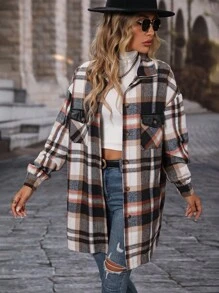 SHEIN LUNE Women's Front Button Long Sleeve Pocket Plaid Casual Jacket, Simple Design