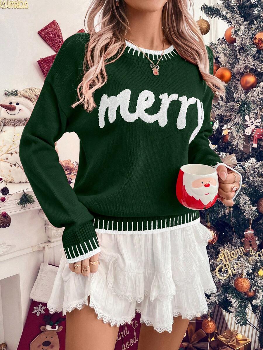 SHEIN LUNE Women Christmas Letter Graphic Ribbed Trim Round Neck Sweater, Casual For Everyday Wear, Autumn/Winter Knit Pullover Fall - Dark Green - View 1