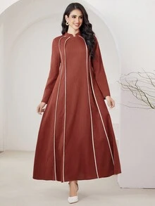 Al Najma 女式拼色立领长袖休闲阿拉伯连衣裙，休闲朴素 A 字型阿拉伯连衣裙，适合日常休闲