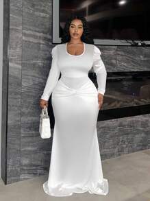 Slaydiva Đầm dự tiệc sang trọng cổ chữ V tay dài cho nữ cỡ lớn - trắng - Xem 6
