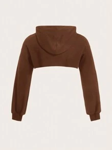 SHEIN EZwear 大码女式纯色长袖抽绳连帽短款运动衫，秋季 - 駝色 - 查看 2