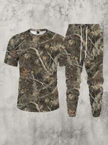 Manfinity Homme Camo Withered Branch & Leaf Print Men Casual T-Shirt And Drawstring Long Pants Set - White - View 1