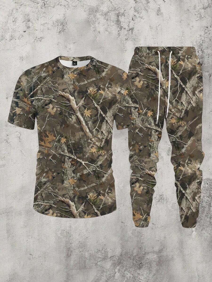 Manfinity Homme Camo Withered Branch & Leaf Print Men Casual T-Shirt And Drawstring Long Pants Set - White - View 1