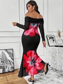 Flirla Đầm dài tay trễ vai in hoa đơn giản cỡ lớn - màu đen - Xem 2