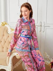 SHEIN 2 件套青少年女孩优雅花卉印花系带蝴蝶结领衬衫和流苏阔腿裤套装 - 彩色 - 查看 5