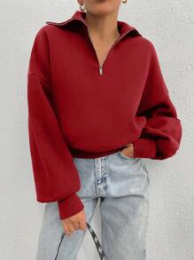 EURMUSE 100% Cotton Collar With Zipper Pattern Oversize Sweatshirt - Red - View 5