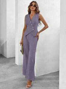 SHEIN Clasi Women Casual Commuting Solid Color Vest & Pants 2 Pieces Suit Set - Purple - View 5