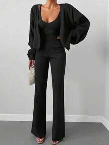 EURMUSE Ribbed Knit Drop Shoulder Cardigan & Knit Top & Knit Pants