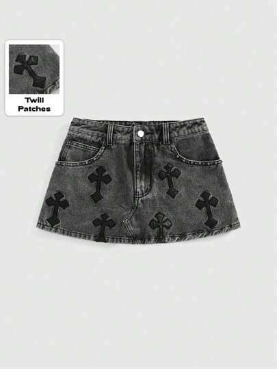 Grunge Punk Women Embroidered Cross Denim Mini Skirt