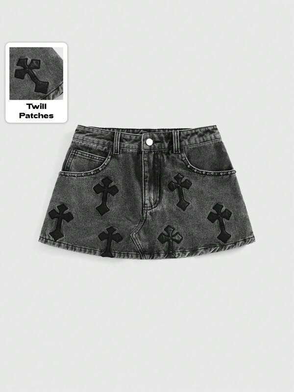 ROMWE Grunge Punk Women Embroidered Cross Denim Mini Skirt