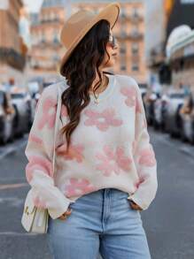 SHEIN LUNE Áo len chui đầu cổ tròn họa tiết hoa Jacquard màu trắng cỡ lớn dành cho nữ công sở thường ngày, trang phục ngày lễ, áo thun đồng quê, cho mùa đông - trắng - Xem 1