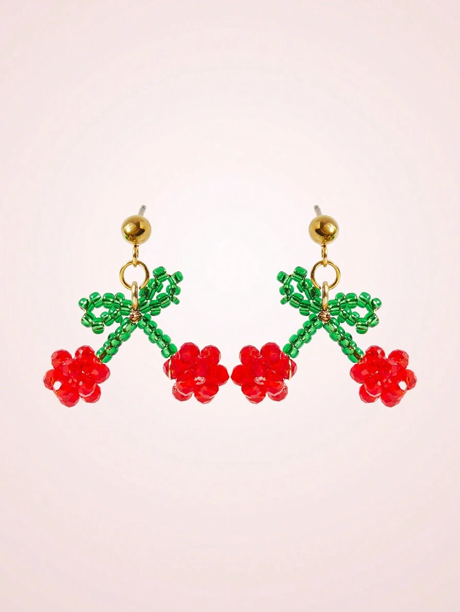 SHEIN MOD 彩色蝴蝶结和覆盆子吊坠耳环，适合女性日常和节日佩戴 - 紅色 - 查看 1