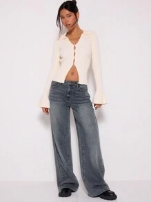 MUSERA Cárdigan de punto con cuello de botones, manga larga acampanada, estilo casual primaveral y lindo de los años 90