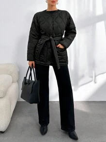 EURMUSE Quilted Dual Pocket Belted Winter Coat - Black - View 4