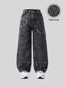 SHEIN 少女时尚爱心刺绣宽松舒适阔腿牛仔裤 - 黑色 - 查看 3