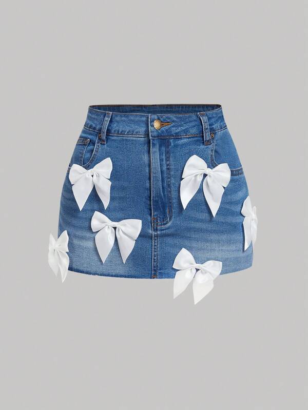 SHEIN MOD Minifalda de jean sexy con cierre de cremallera y decoración de moño