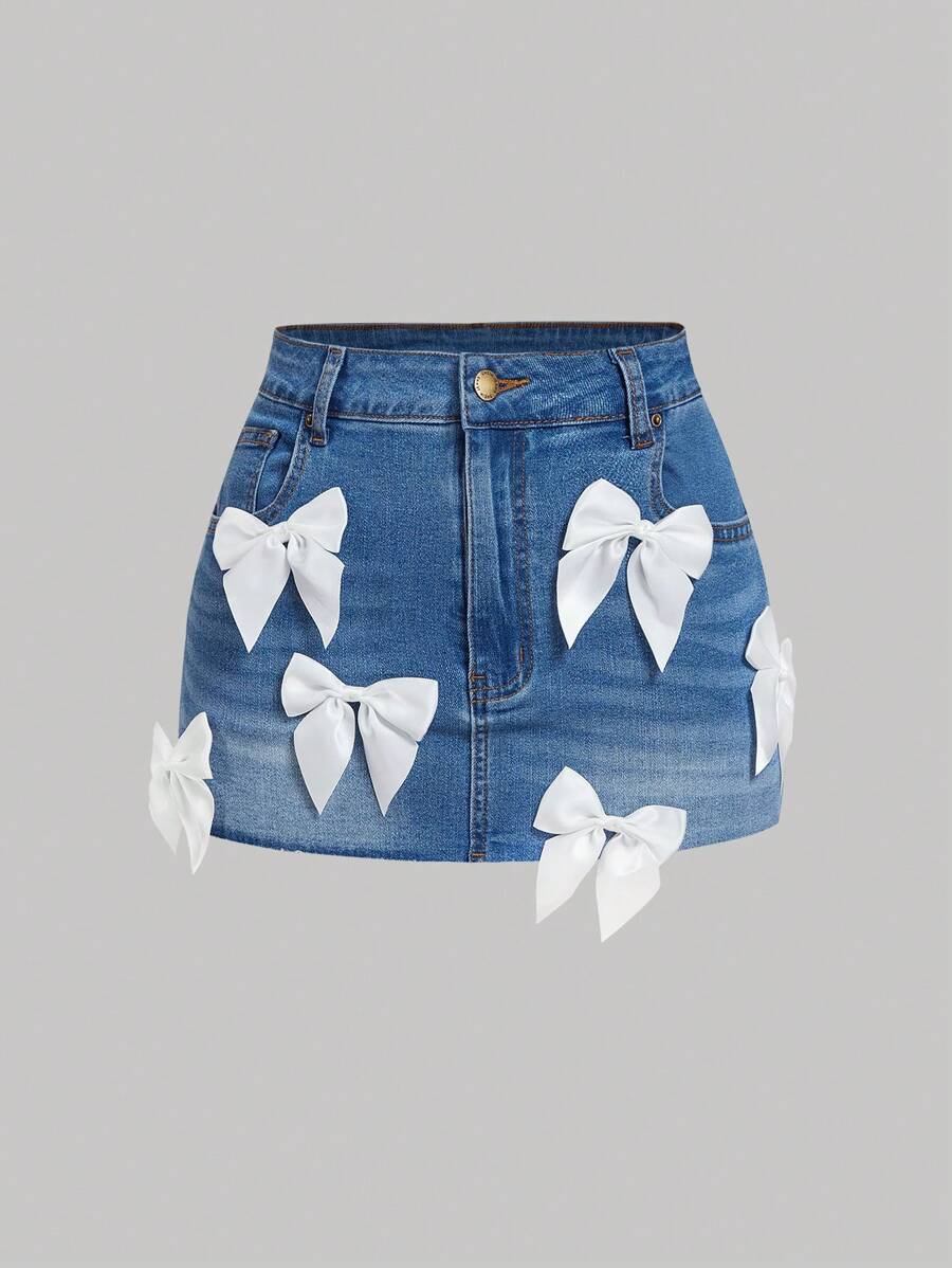 SHEIN MOD 女士蝴蝶结装饰口袋拉链开合性感牛仔迷你裙 - 藍色 - 查看 1