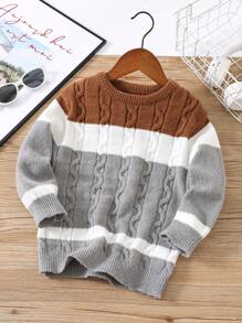 1 pieza Suéter de cuello redondo acanalado, casual, cómodo, de moda y versátil, para niños pequeños, adecuado para la escuela, al aire libre, deportes, otoño/invierno