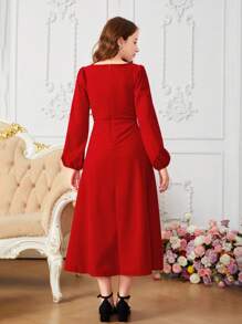 Đầm midi chữ A cổ vuông tay đèn lồng đính đá xẻ eo màu đỏ thanh lịch cho bé gái tuổi teen, phù hợp cho trang phục thanh lịch hàng ngày, tiệc tùng, Giáng sinh - Màu Đỏ Sâu - Xem 2