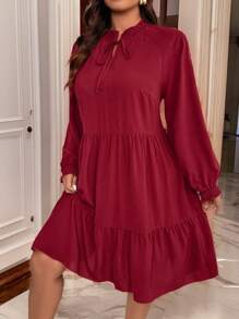 SHEIN Clasi 大码女式纯色圆领荷叶边下摆中长款秋冬连衣裙酒红色女装