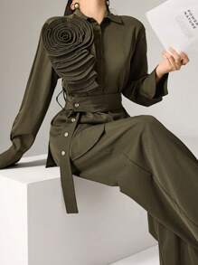 Heiryn 2pcs Women Solid Color 3D Floral Decor Long Sleeve Button Front Shirt & Pants Set 2 Pieces Set - Army Green - View 7