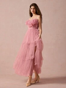 Enchnt 1 chiếc váy liền thân không tay họa tiết hoa lưới trơn màu dành cho nữ - Hồng - Xem 6
