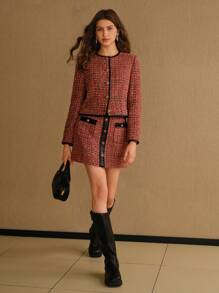 MOTF STUDIO TWEED PLAID CONTRAST TRIM BUTTON DETAIL SKIRT