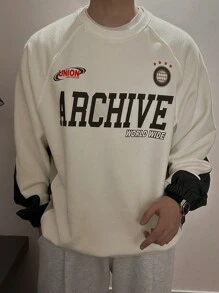 DAZY Men's Letter Print Beige Pullover Sweatshirt, Autumn - Beige - View 7