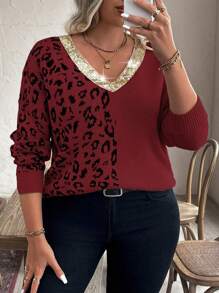 Calvaya Plus Size Casual Leopard Pattern Contrast Sequin V-Neck Dropped Shoulder Pullover Sweater Knit Pullover Fall Winter - Burgundy - View 5