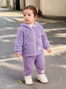 SHEIN Leap Crew 2pcs/Set Baby Girl Cute Solid Color Fluffy Hooded Jacket And Pants Set, Fall/Winter - Purple - View 1