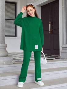 Bộ 2 áo thun tay dài cổ trễ vai trơn cho bé gái tuổi teen và quần dài - màu xanh lá - Xem 6